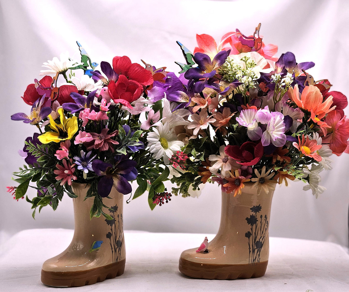 Handcrafted Rain Boot Floral Arrangement with Bird, Two Options, Spring Lover Gift, Mixed Spring Flowers