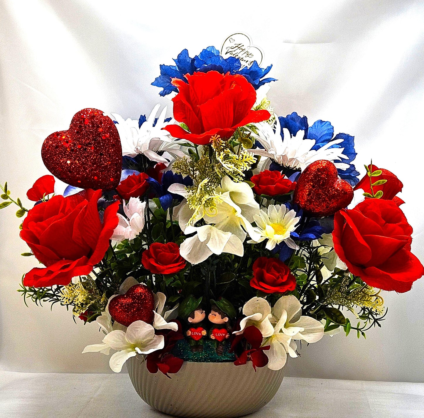 Romantic Flower Arrangement for Military Couple, Grey Plastic Bowl, Artificial Florals, Red Hearts, Love Gift