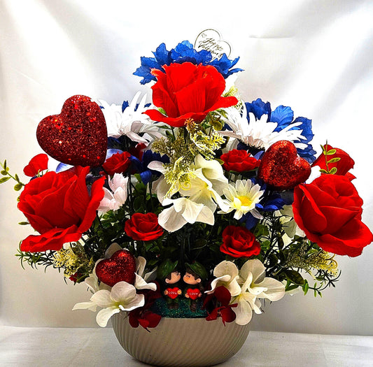 Romantic Flower Arrangement for Military Couple, Grey Plastic Bowl, Artificial Florals, Red Hearts, Love Gift