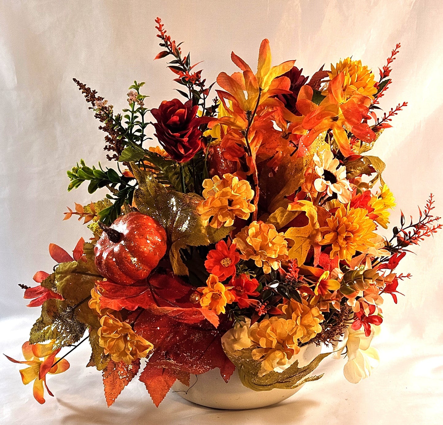 Flower Arrangement Featuring Handmade Carnation and Mum Flower Floppy-Eared Dog with Pumpkins, Mums, Pinecones/other Fall Flowers