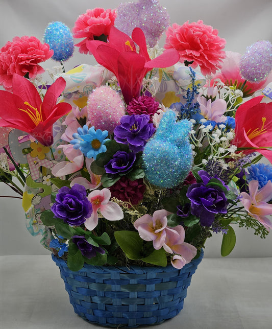 Elegant Lovely Easter Basket Adorned w/Glitter Bunnies, Eggs, Pretty Ribbon/Multi-Colored Lilies/Daisie/Other Spring Flowers/Easter Sign