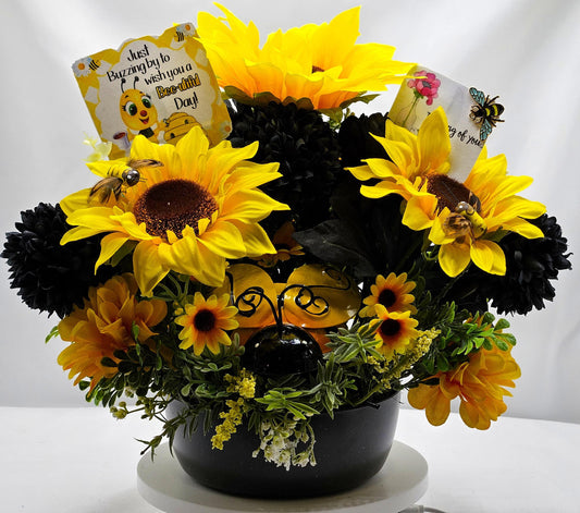 Thinking of You, Buzzing By Bee Lovers Floral Arrangement, Large Bee w/Bee accents, Yellow Sunflowers/Black Carnations Set in Black Bowl