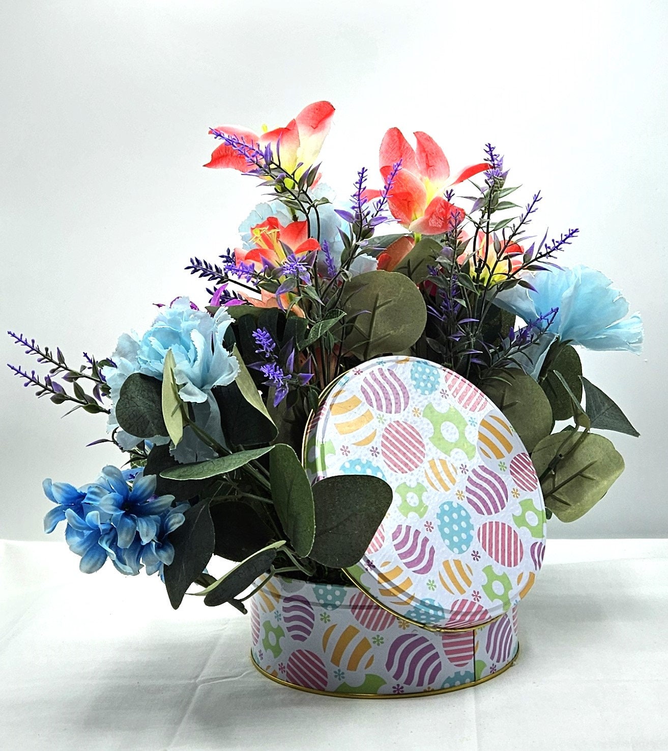 Egg Decorated Tin of Spring Pastel Flowers with Easter Chick and Bunny - Easter Table Centerpiece or Gift