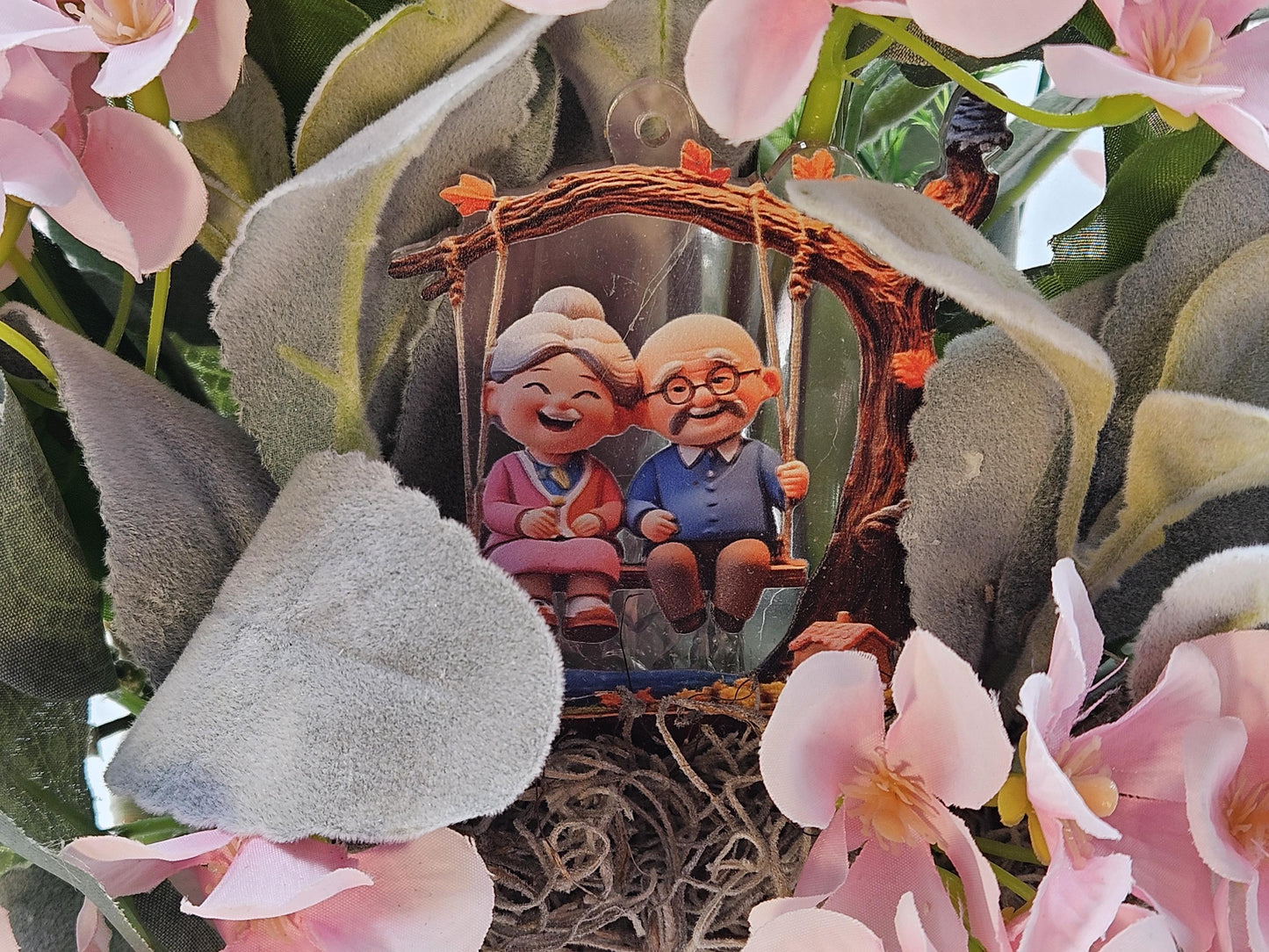 Romantic Flower Arrangement for Grandparents, Natural Woven Basket, Grandma and Grandpa on Swing, Pink Blue Florals