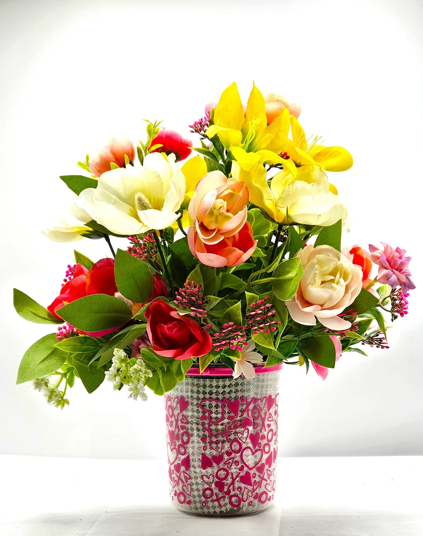 Momma & Baby Rabbits Floral Centerpiece, Heart-Deco Pot with Pink/Yellow Blossoms - Mother's Day Gift, Birthday for Her Gift
