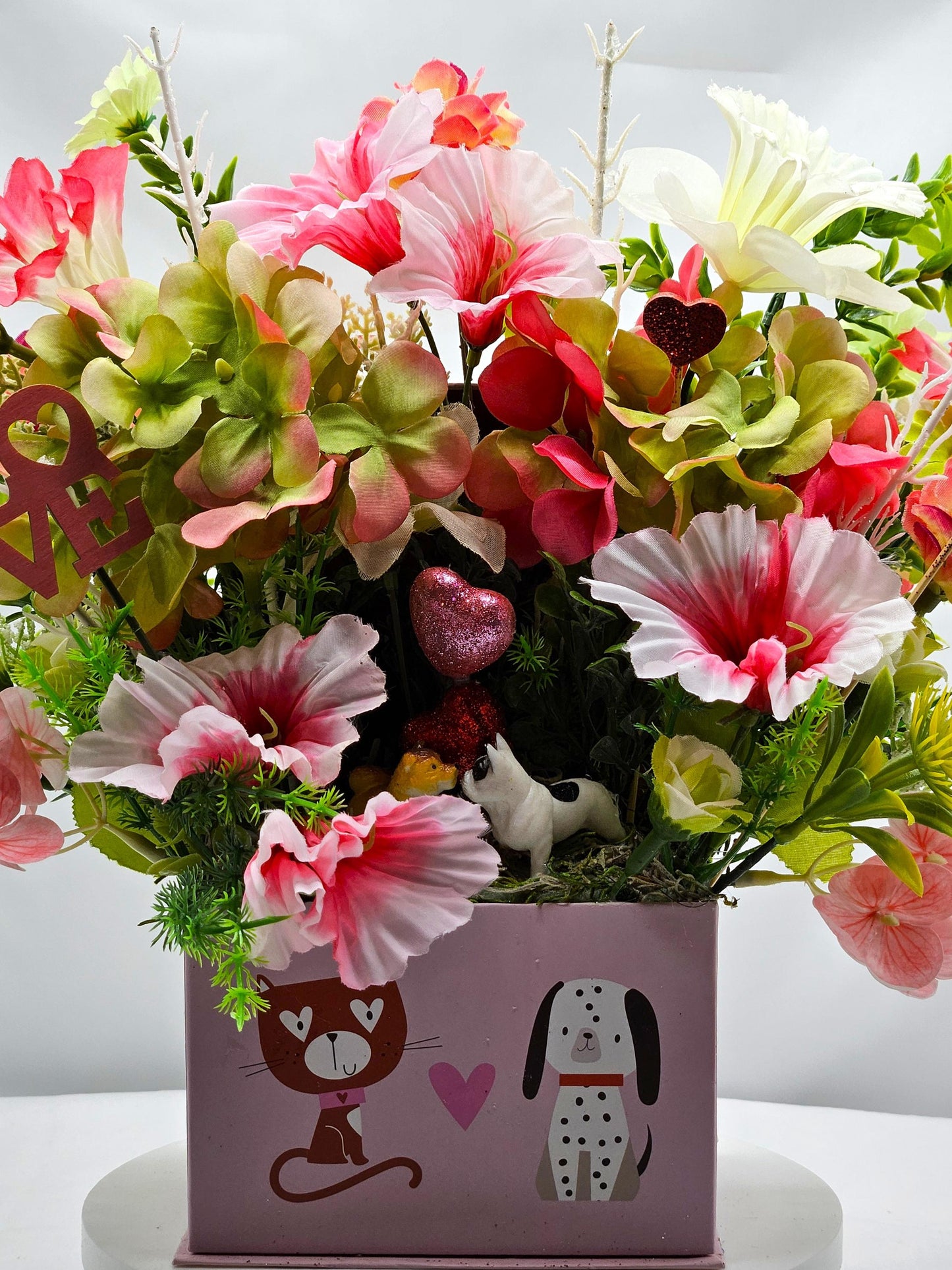 Paw-Fect Togethe Romantic Floral Gift in Decorated Box, Puppy Figures/Hearts/Pink/Green Flowers/White Glitter Accents/Love Gift