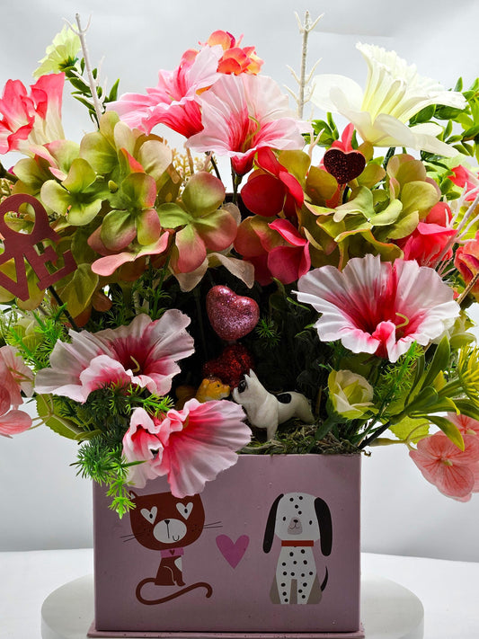 Paw-Fect Togethe Romantic Floral Gift in Decorated Box, Puppy Figures/Hearts/Pink/Green Flowers/White Glitter Accents/Love Gift