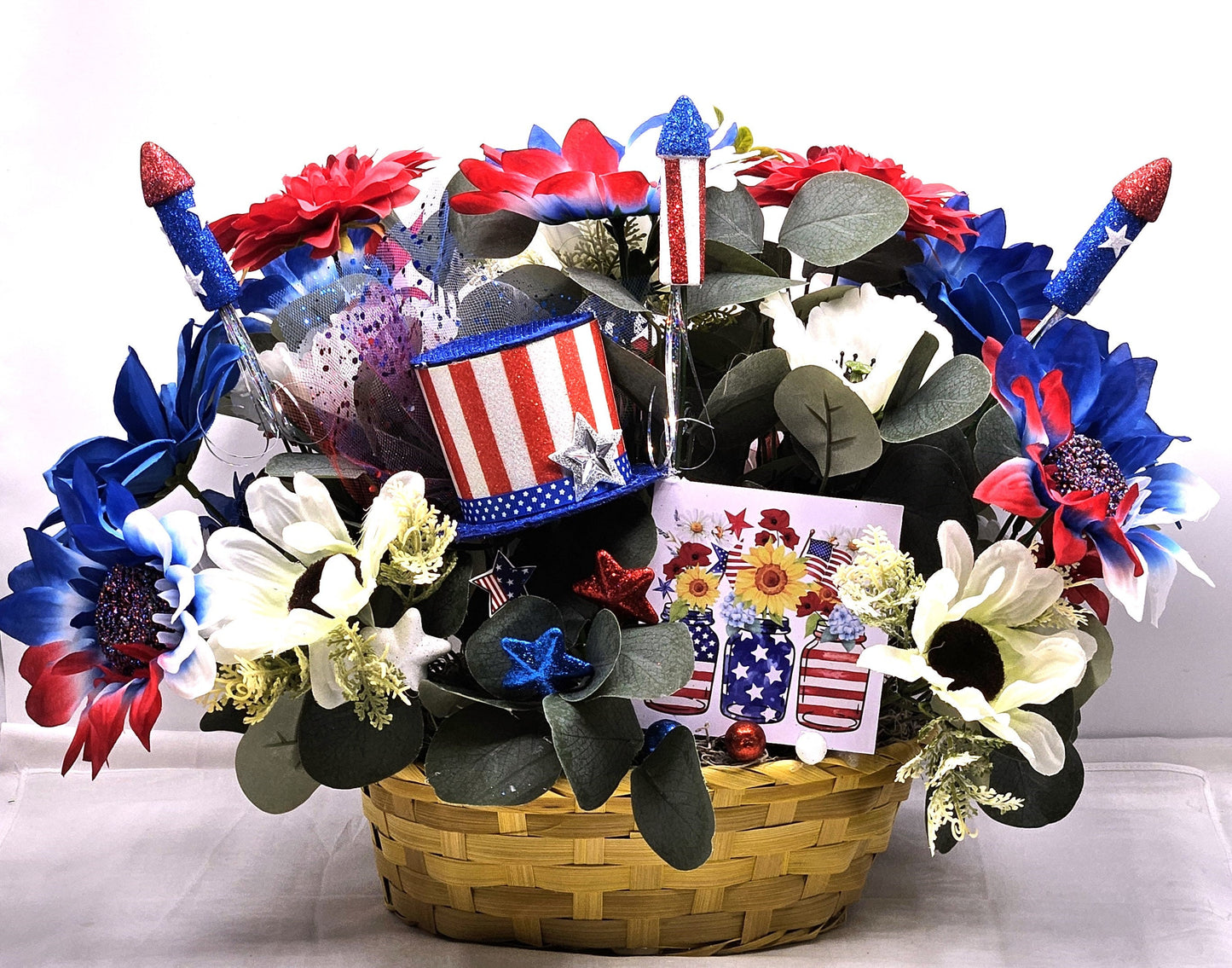 God Bless America Flower Arrangement, Patriotic Floral Sign, Red/White/Blue Top Hat, Daisies and Other Flowers, Fireworks, Stars