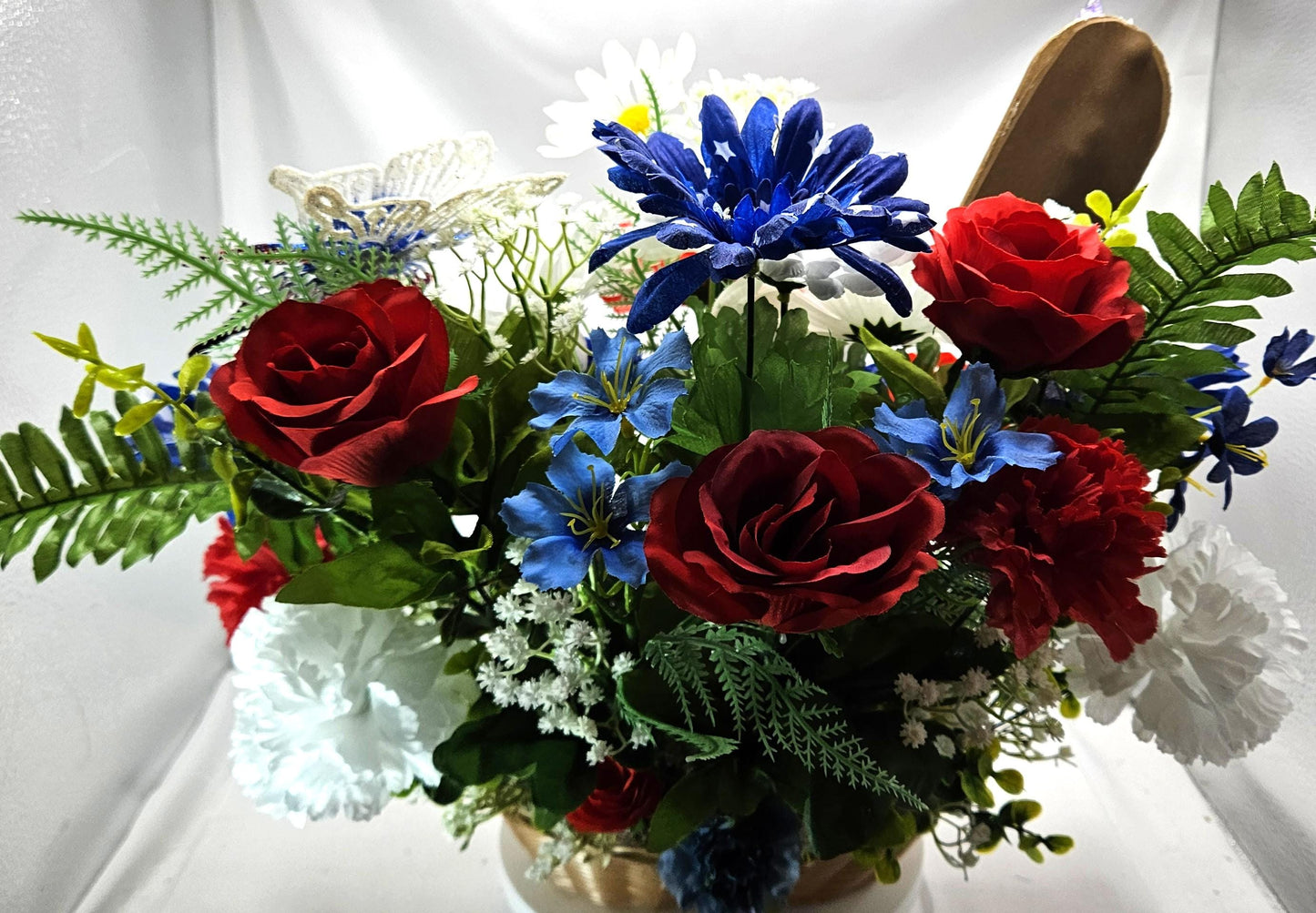 Gnome in the USA Patriotic Flower Arrangement, Oval Wicker Basket, Red White Blue Daisies, Sunflowers, Carnations