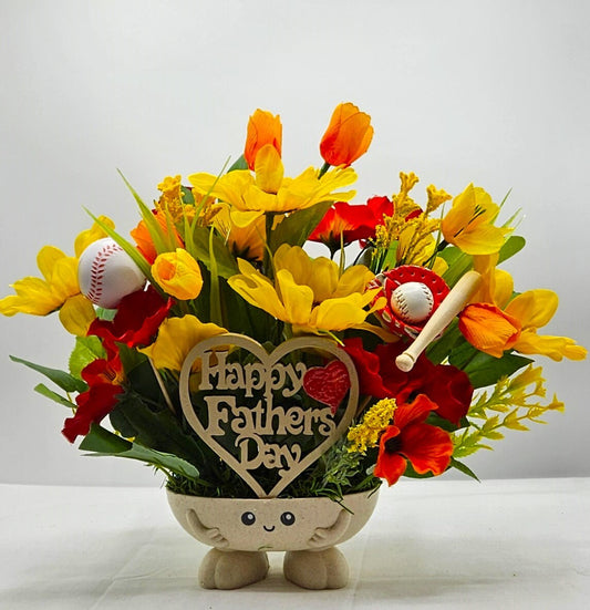 Happy Father's Day Floral Display - Baseball Dad Theme with Rustic Wooden Sign - Unforgettable Dad Gift"