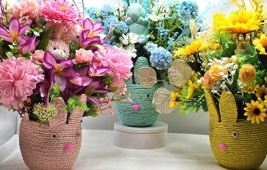 Easter Basket Gifts in 3 Colors, Pink/Yellow/Aqua, Each with a Bunny Accent, colorful Flowers, Lots of Glitter and Greenery, Great Gift Idea
