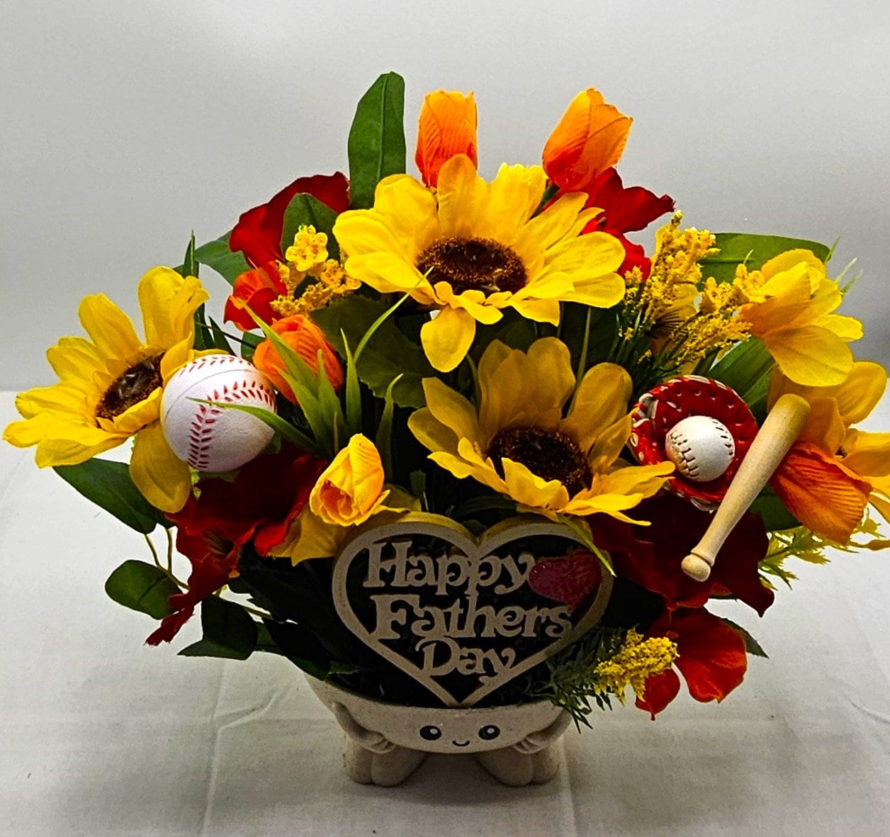 Happy Father's Day Floral Display - Baseball Dad Theme with Rustic Wooden Sign - Unforgettable Dad Gift"