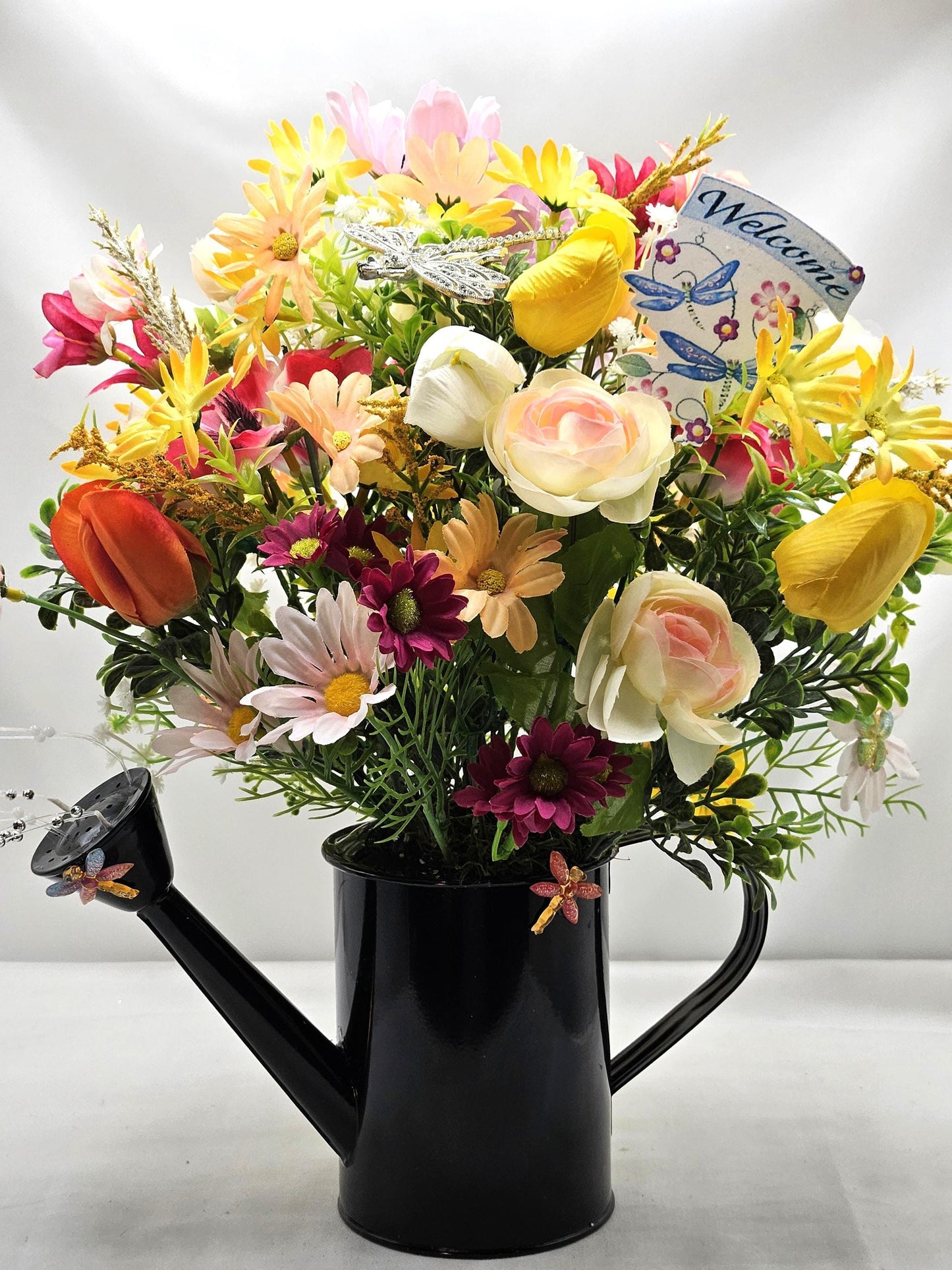 Dragonflies with Flowers - One Option Left to Brighten Your Spring/Summer W/Colorful Spring/Summer Blooms in Black Watering Can