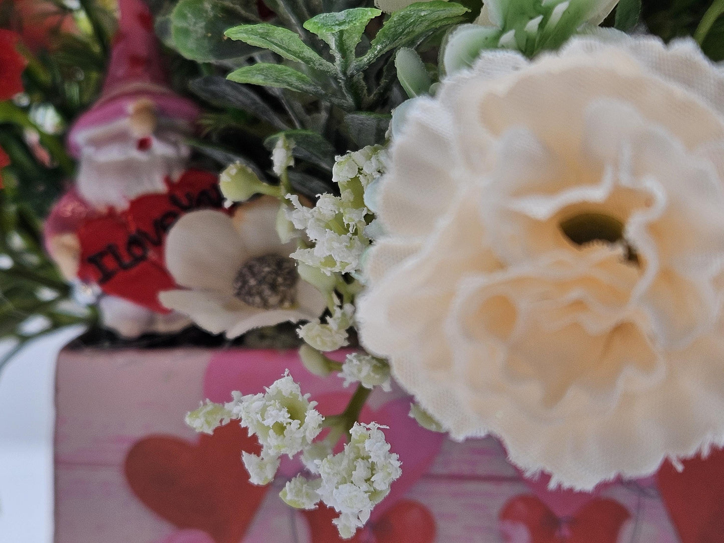 Gnome Heart Romance, Floral Arrangement in Decorated box w/lid, Two Options, Red Carnations/White Roses or Red Roses/White Carnations /Love