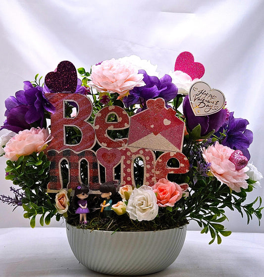 Romantic Bee Mine Card, Valentine Day Greeting, Pink Purple Greenery Scene, Couple in Love, Heart Flowers