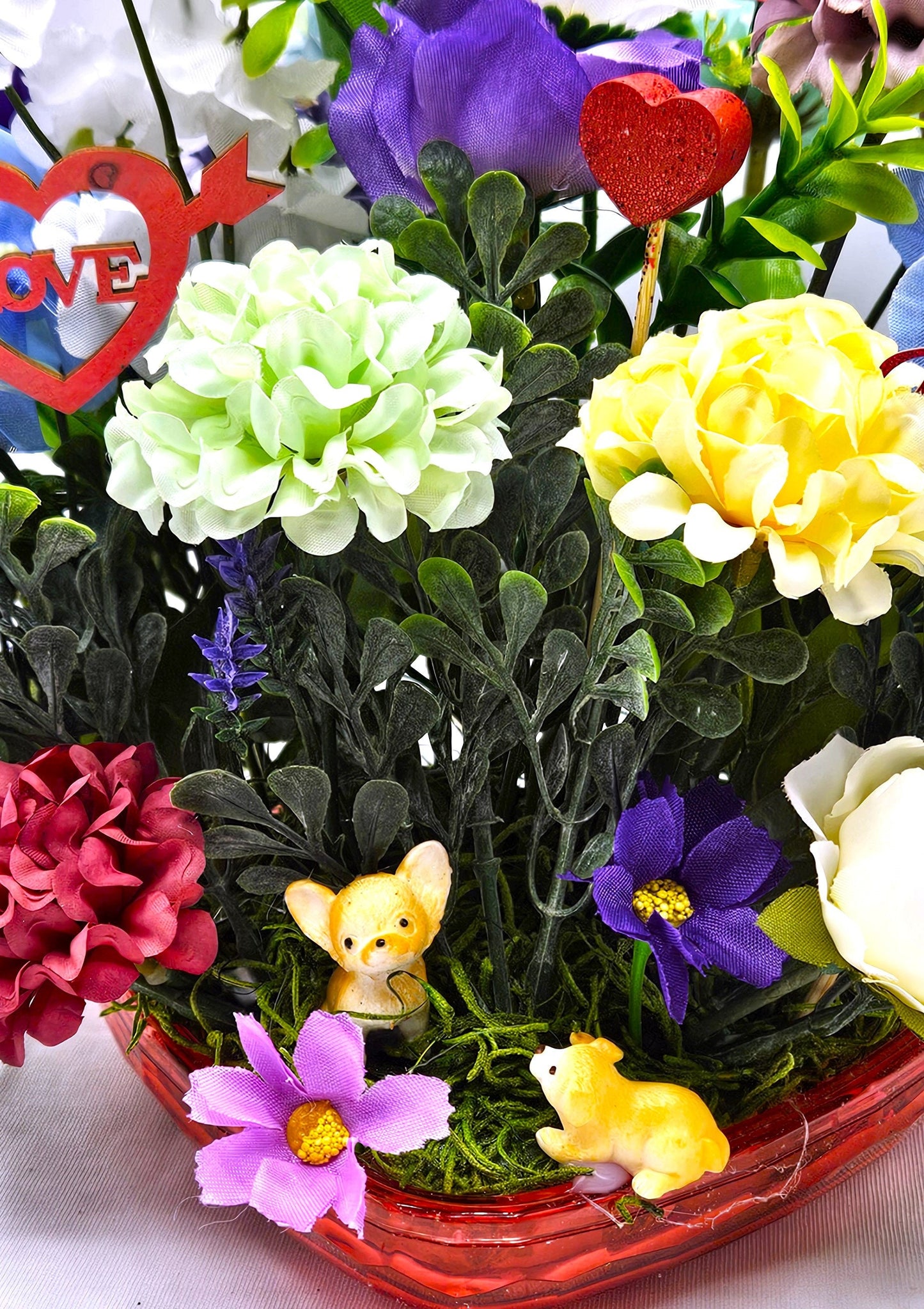 Heart-Shaped Romantic Flower Arrangement/Choose Cute Cat in Boot, Chihuahua Pups, or Big Bow/with Assorted Florals & Heart Love Signs