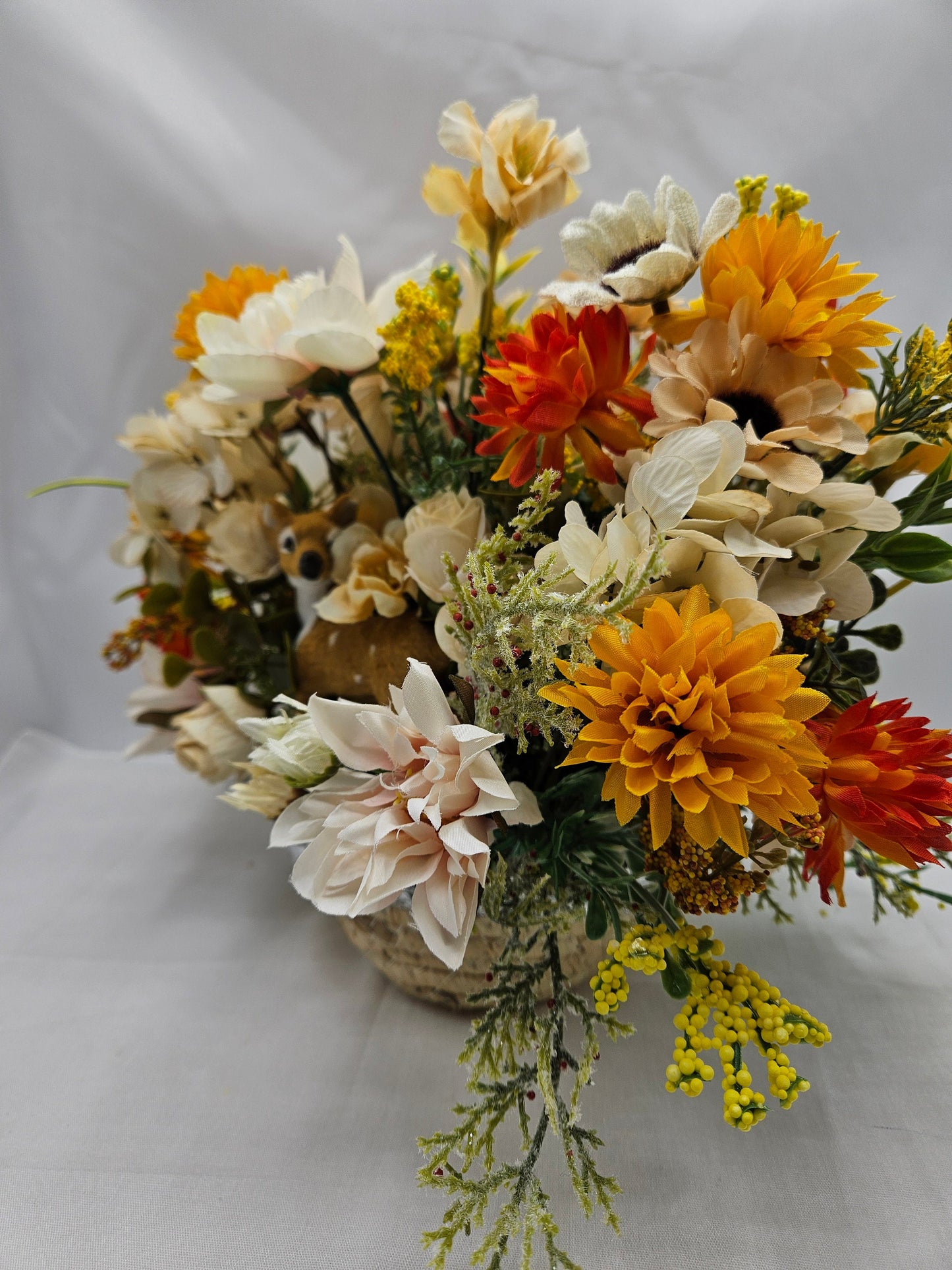 Natural Woven Basket Flower Arrangement with Flock Deer amidst Spring WildFlowers of Roses, Hyacinths and More, Gift for Her/Deer Lover