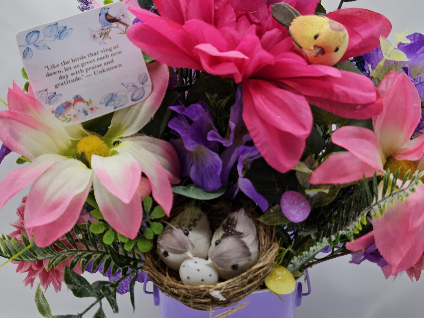 Flower Arrangement with Message to Greet Each New Day With Praise and Gratitude, Birds Throughout the Garden, Bird Lover Gift