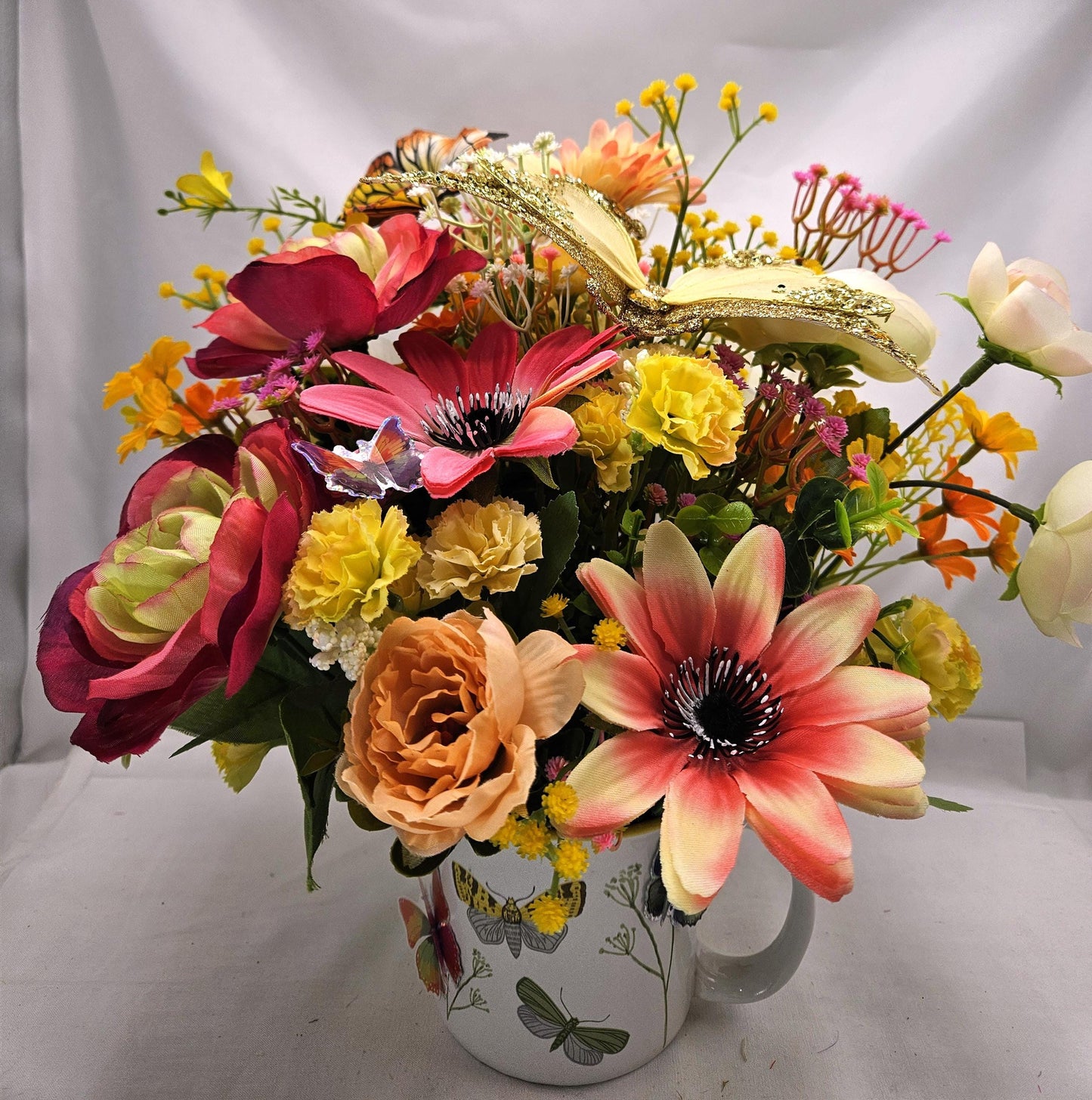 Butterfly Lover's Delight Floral Centerpiece/White Mug Adorned w/MLoths and Butterflies/Large Gold Butterfly Accent/Pink/Yellow/White Floral