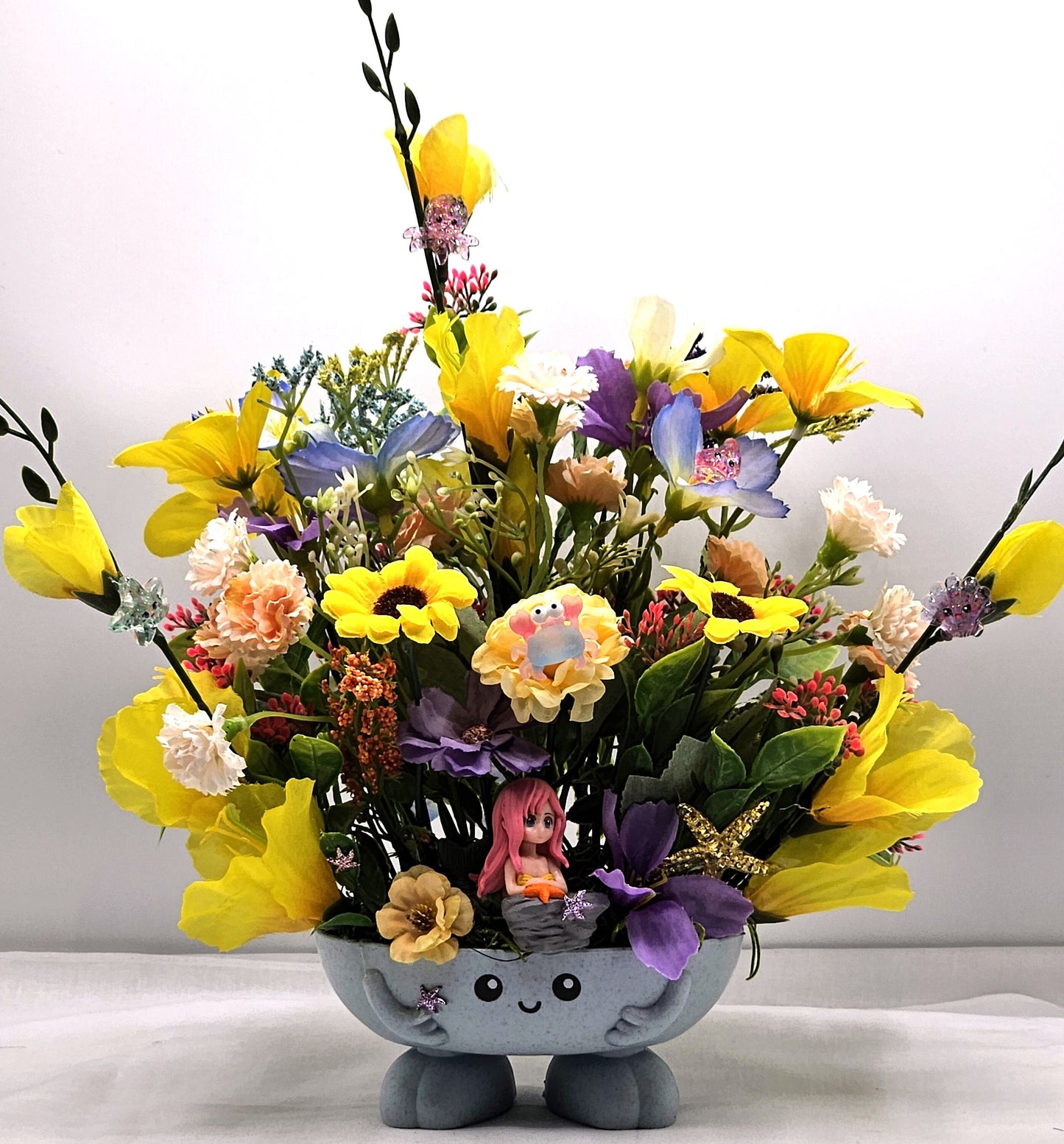Tropical Mermaid Floral Arrangements, 2 Options, Pink/Blue or Yellow/Blue Multi Color Themes, Whimsical Cute Mermaids and Other Sea Life