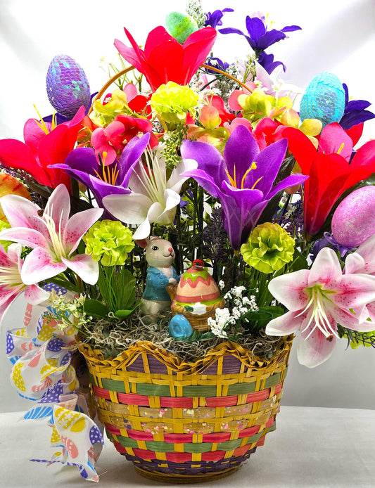 Exquisite Multi-Colored Scalloped Easter Basket w/Lovely Glittery Bow/A Variety of Lilies in Basket/Rabbit Pushing Cart/Other Easter Accents