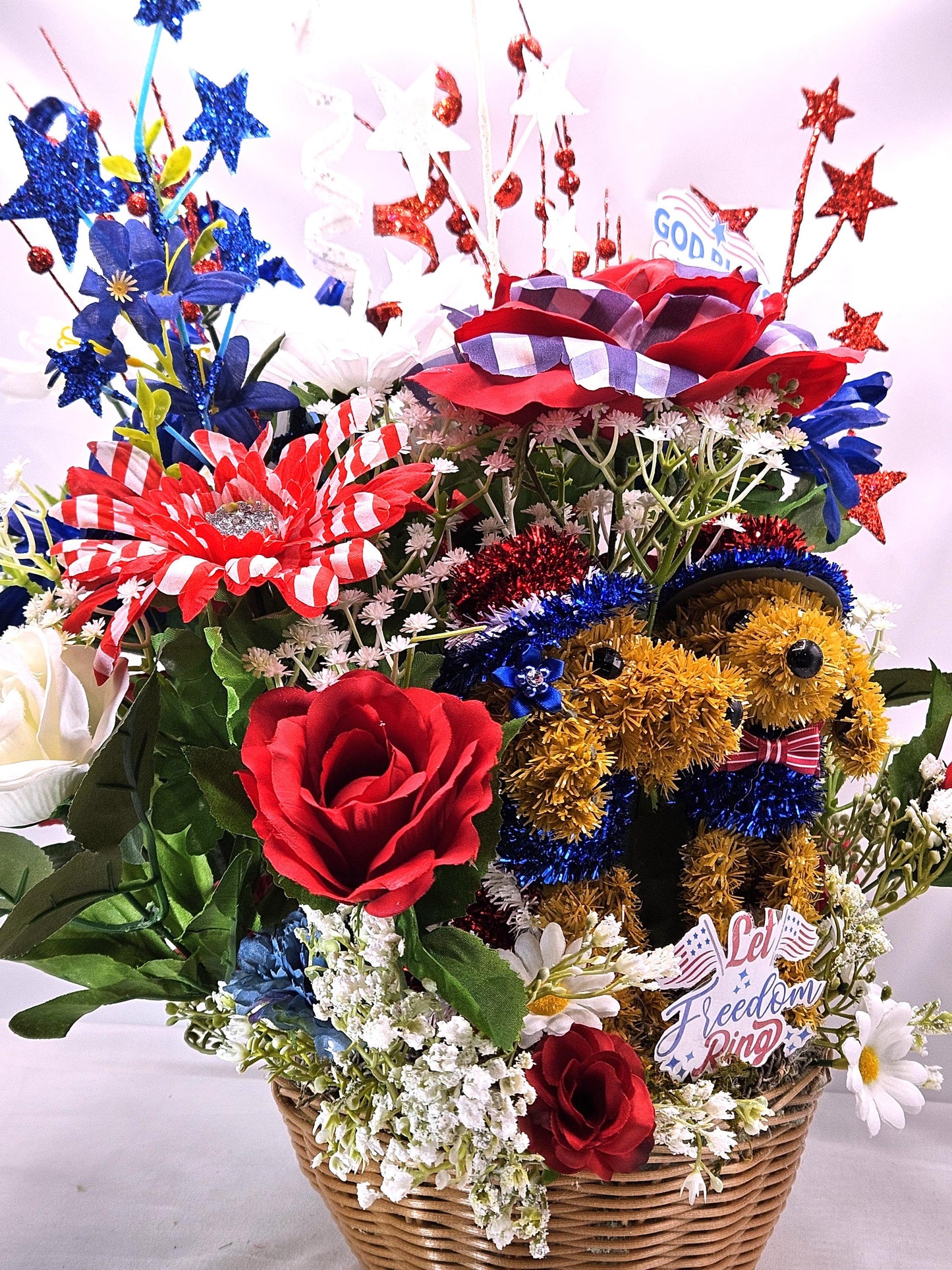 Patriotic American Dog Garden Decor with Red White Blue Roses, Baby’s Breath & Sparkly Stars – USA Outdoor Decoration
