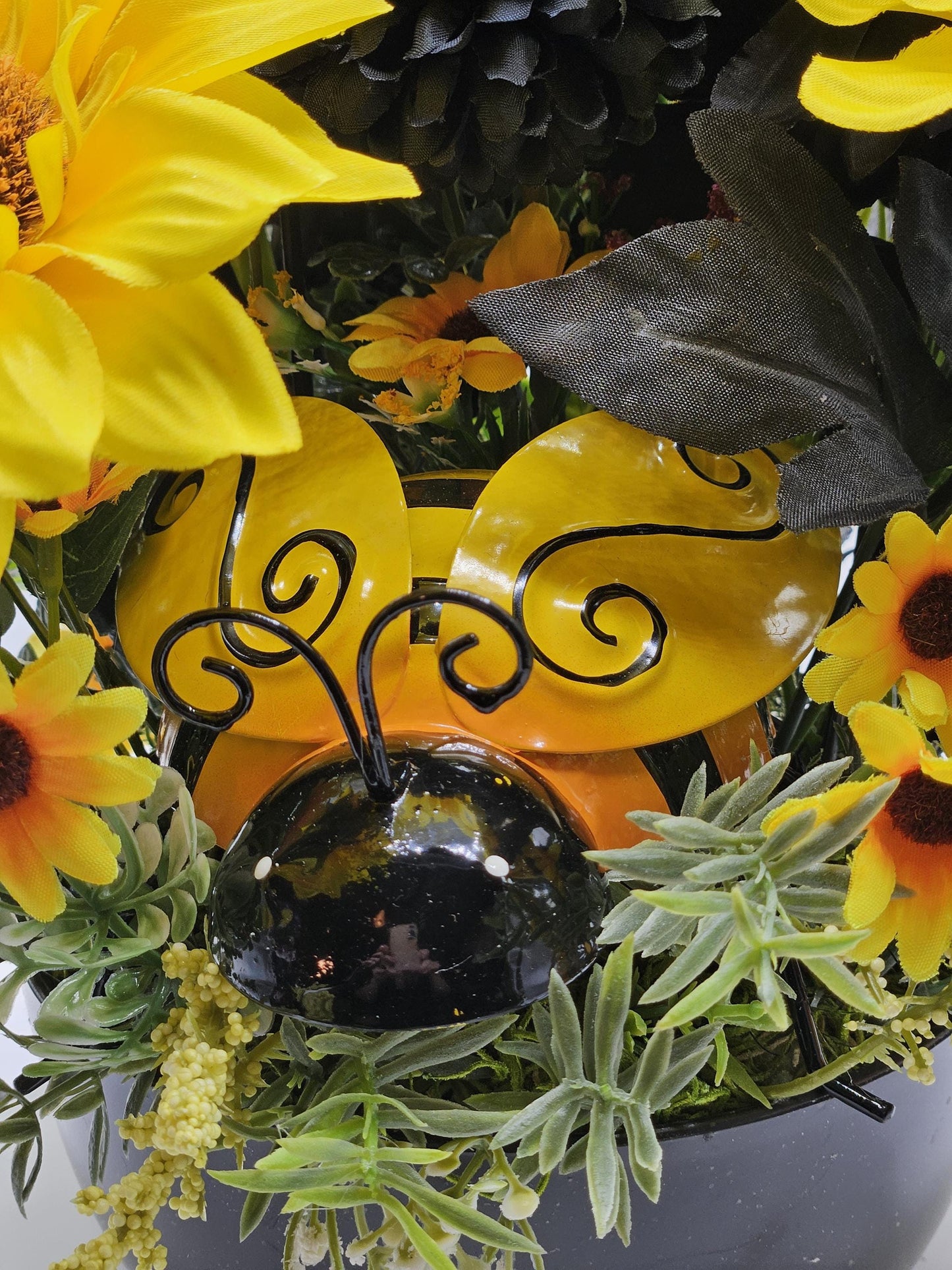 Thinking of You, Buzzing By Bee Lovers Floral Arrangement, Large Bee w/Bee accents, Yellow Sunflowers/Black Carnations Set in Black Bowl