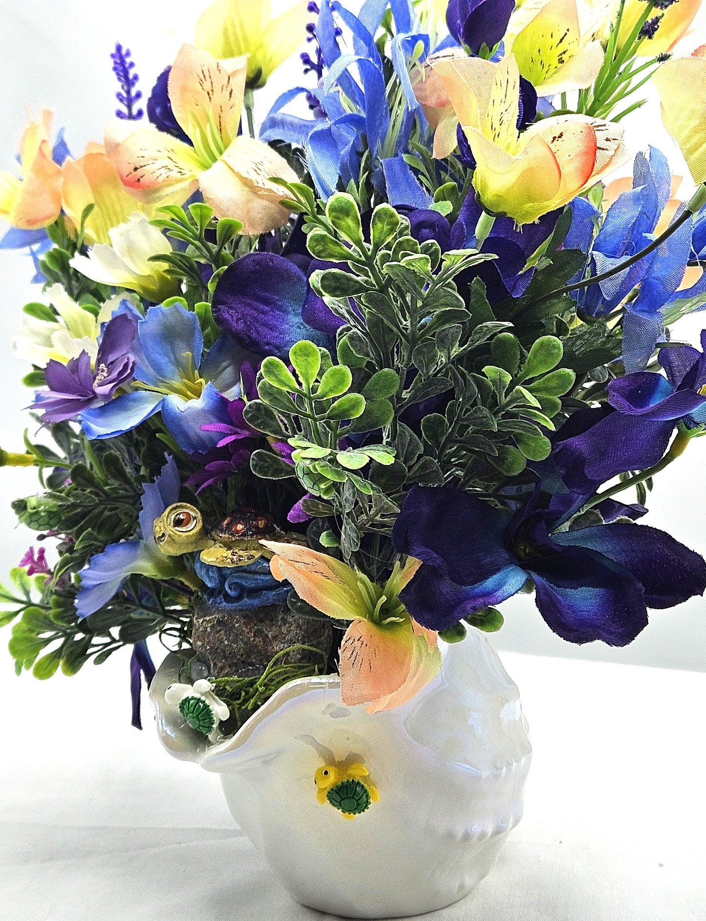 Cute Turtles Amidst a Purple and Yellow Floral Centerpiece Set in a Ceramic White Seashell, Great Gift for the Beach and Tropical Lover