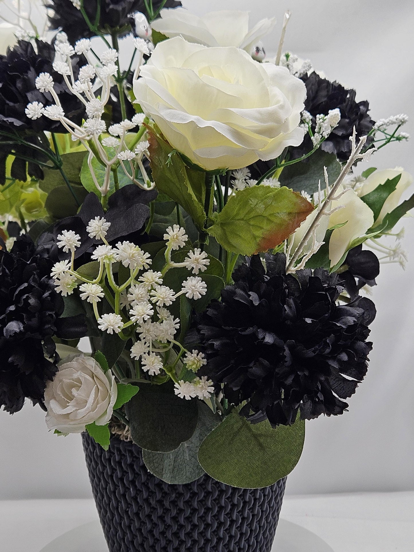I Love Pandas Flower Arrangement/Black Flower Pot/White Roses/Black Carnations/Panda Bear Accents/Great Gift or Home Decor/Panda Bear Lover