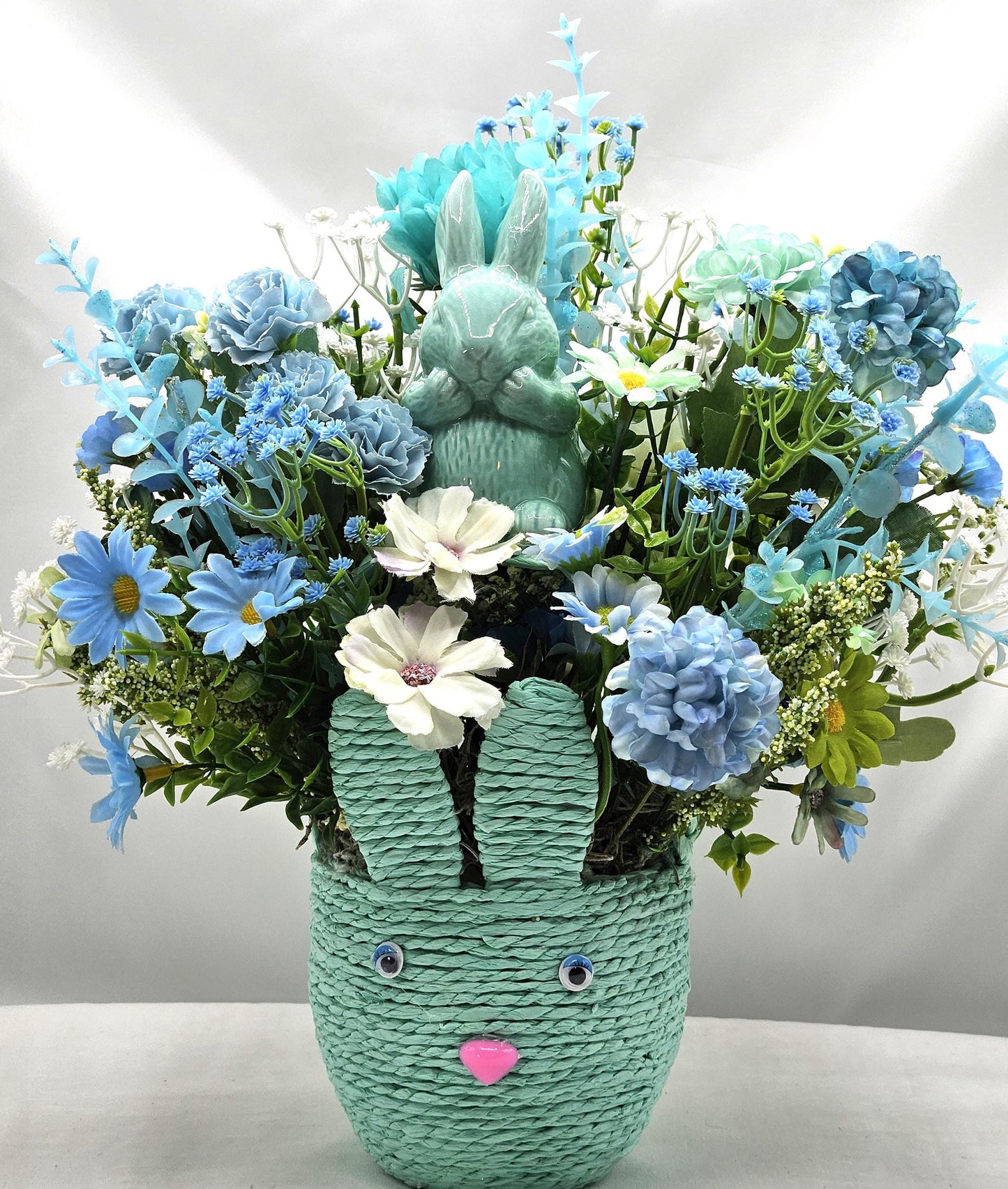 Easter Basket Gifts in 3 Colors, Pink/Yellow/Aqua, Each with a Bunny Accent, colorful Flowers, Lots of Glitter and Greenery, Great Gift Idea
