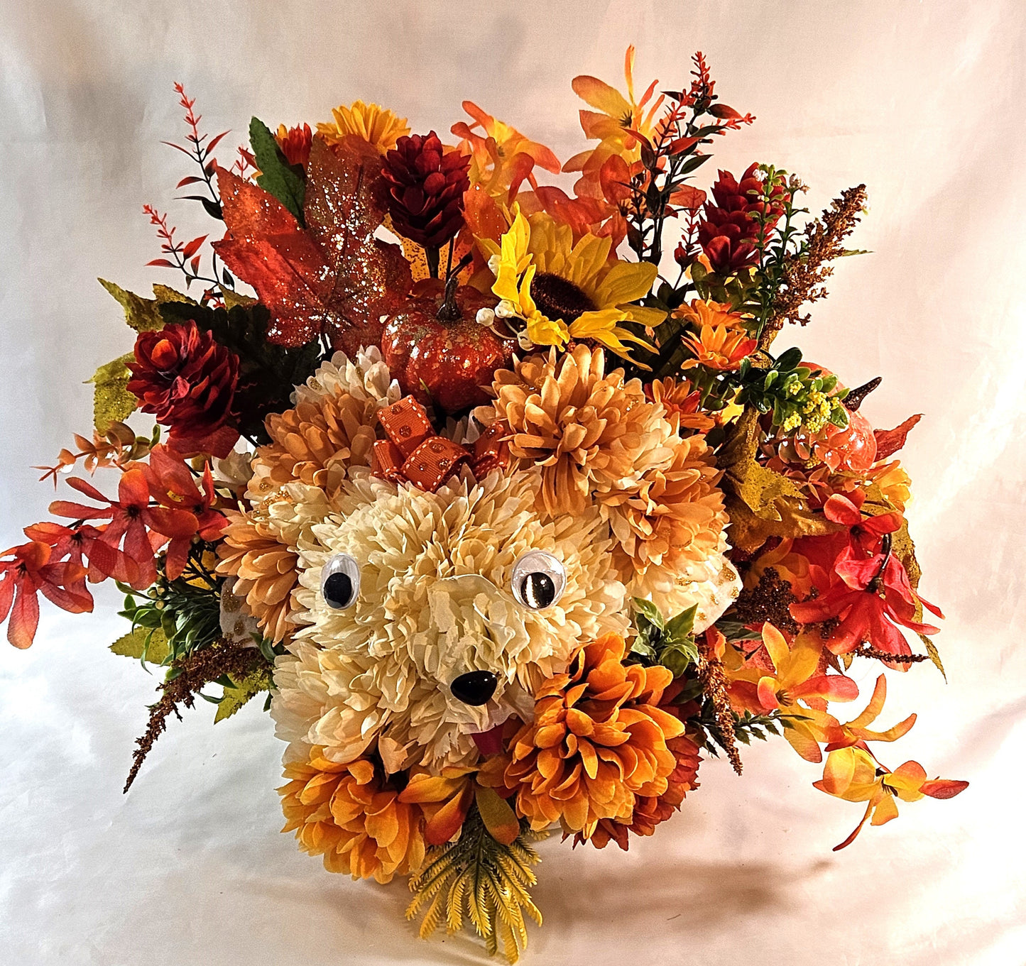 Flower Arrangement Featuring Handmade Carnation and Mum Flower Floppy-Eared Dog with Pumpkins, Mums, Pinecones/other Fall Flowers
