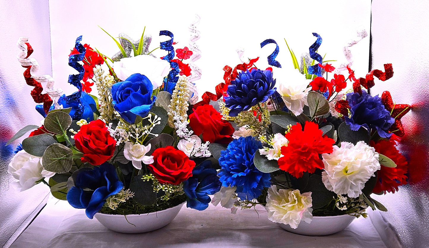 Patriotic Dog Floral Arrangement, Red White Blue Decor, Glittery Stars, Roses or Carnations, 2 Choices