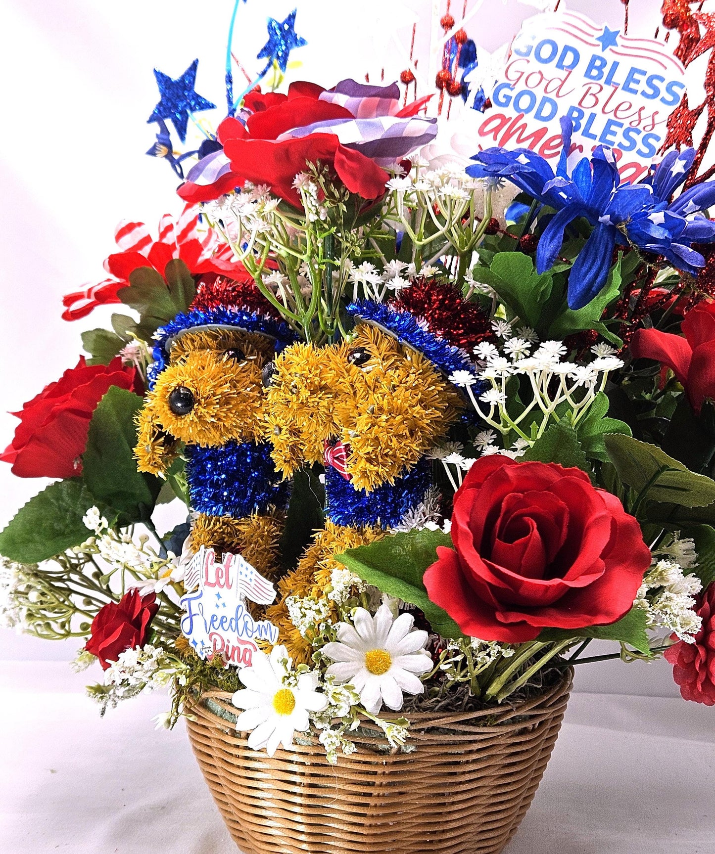 Patriotic American Dog Garden Decor with Red White Blue Roses, Baby’s Breath & Sparkly Stars – USA Outdoor Decoration