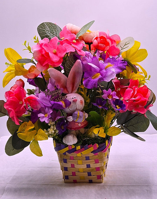 Cheerful Easter Bunnies with Spring Blooms in Easter Basket - 3 Options