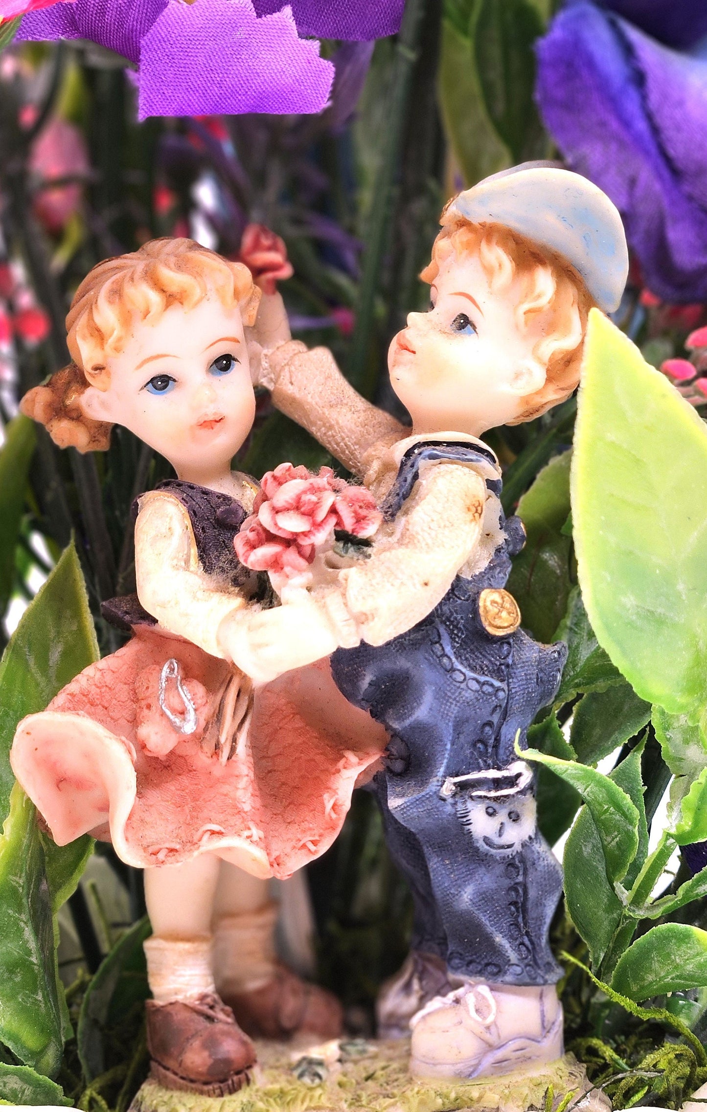 Vintage-Inspired Girl/Boy Figurine in Vibrant Purple Floral Arrangement on Gold-Trimmed Cream Ceramic Pot, Gift for Her/Home