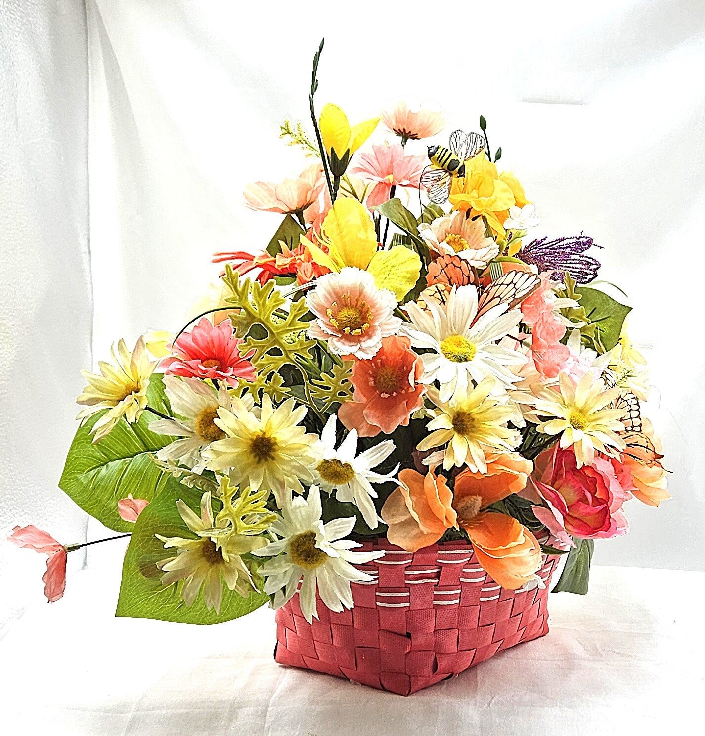 Wildflower Basket with Butterflies, Hot Pink Floral Container, Yellow Flower Basket, Gifts for Flower Lovers