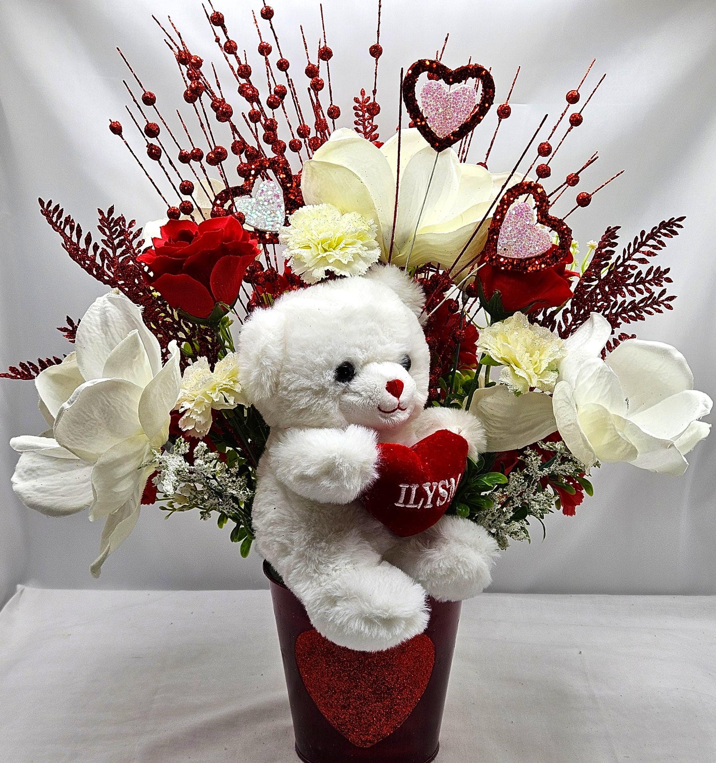 Love Teddy Bear or Flying Pig Floral Centerpiece, Roses Carnations Magnolias, Glittery Hearts, Home Decor, VALENTINE