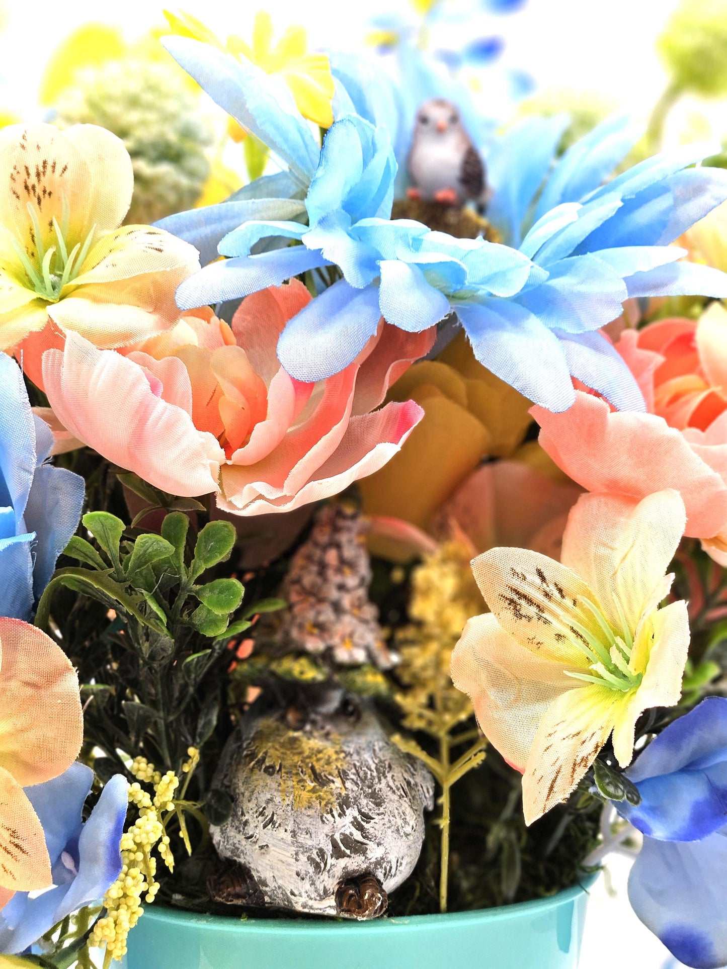 Bird Inspired Flower Arrangement in an Aqua Blue Pot with Peach/Blue/Yellow Flowers, Birid Accents, Bird Lover Gift, Great Home Gift Idea