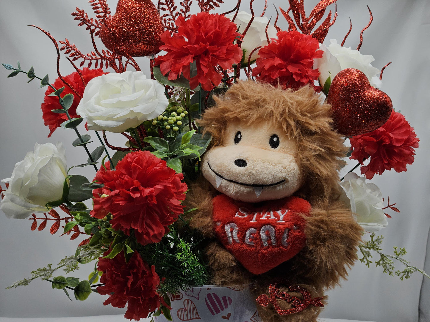 Lovable Lion or Gorilla with Red Roses, Romantic Floral Arrangement, Valentine Gift, Glittery Accents, Hearts Decor, Carnations