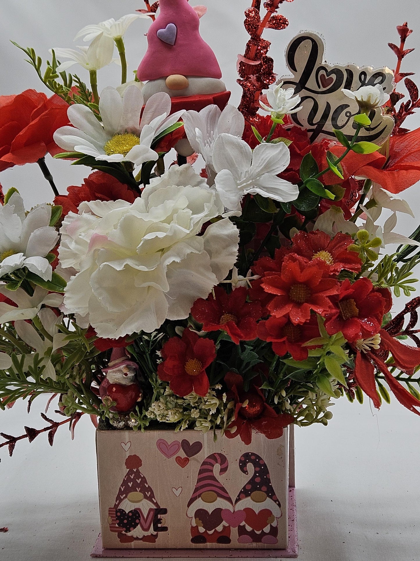 Gnome Heart Romance, Floral Arrangement in Decorated box w/lid, Two Options, Red Carnations/White Roses or Red Roses/White Carnations /Love