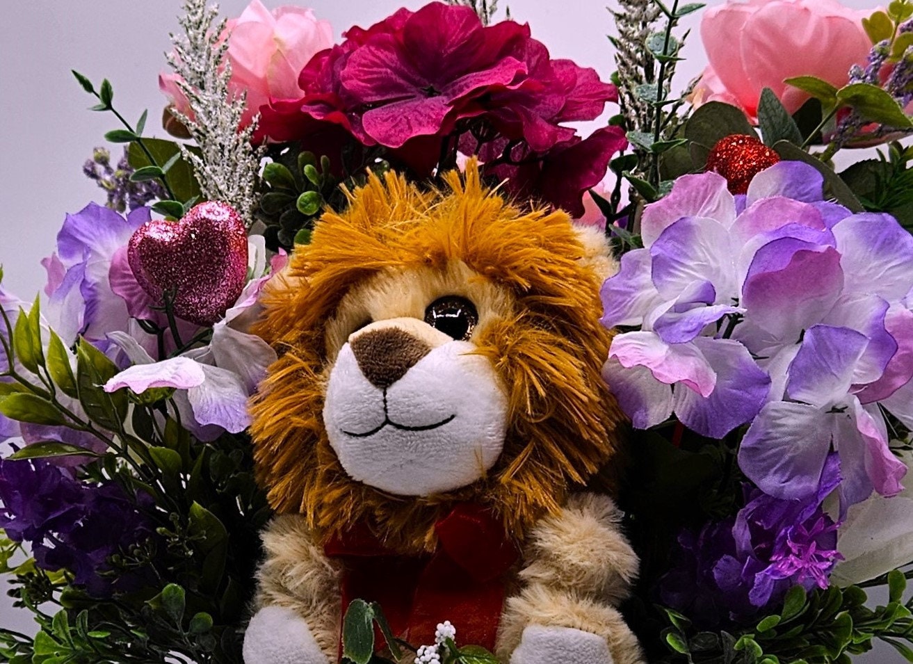 Romantic Lion Love - Cute Lion Romantic Flower Arrangement with Pink and Lilac Flowers, Glittery Hearts, and Cheery Stuffed Lion