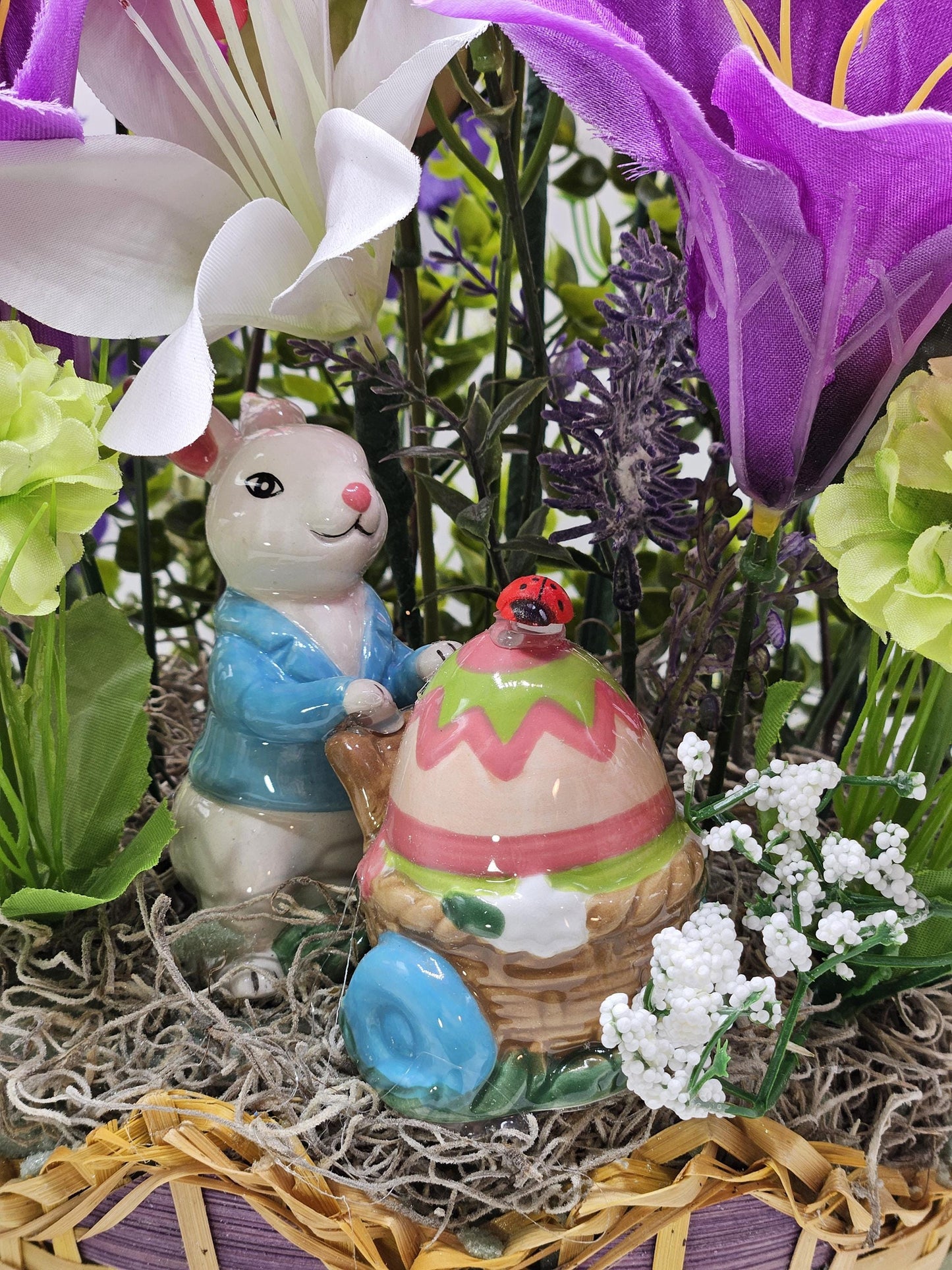 Exquisite Multi-Colored Scalloped Easter Basket w/Lovely Glittery Bow/A Variety of Lilies in Basket/Rabbit Pushing Cart/Other Easter Accents