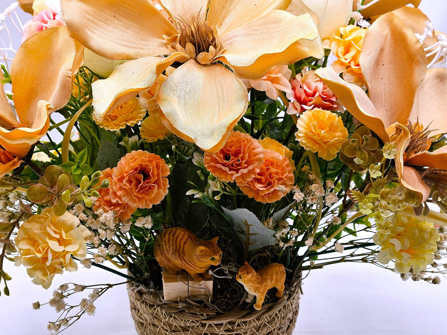 A Purr-fectly Stunning Floral Arrangement w/2 Tabby Tan Cats at the Front of Tan Magnolias/White Roses/Other Florals/Baby's Breath