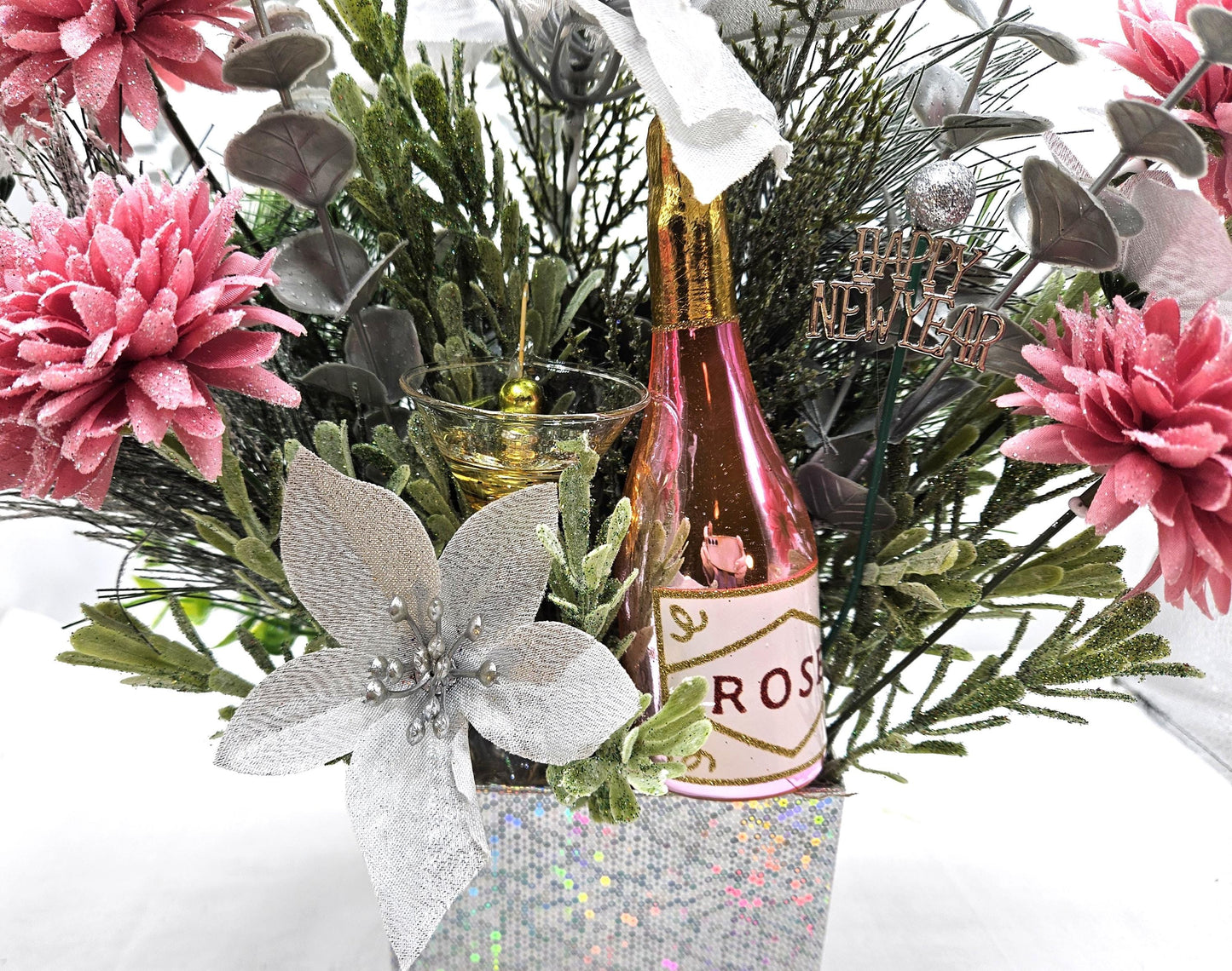 Congratulatory Arrangement in Bright Silver, New Year Champagne Toast/sparkly Silver Flowers/Accents in Silver Box/Cheers in 2025