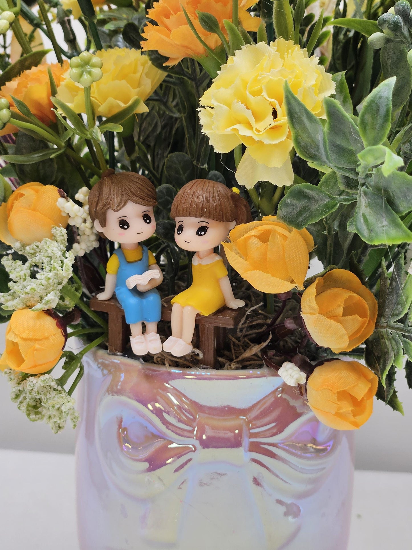 Loving, Heartwarming Love Flower Arrangements in a Footed Ceramic with Sweetheart Couples, 2 Choices, With Hearts/Love Sentiments