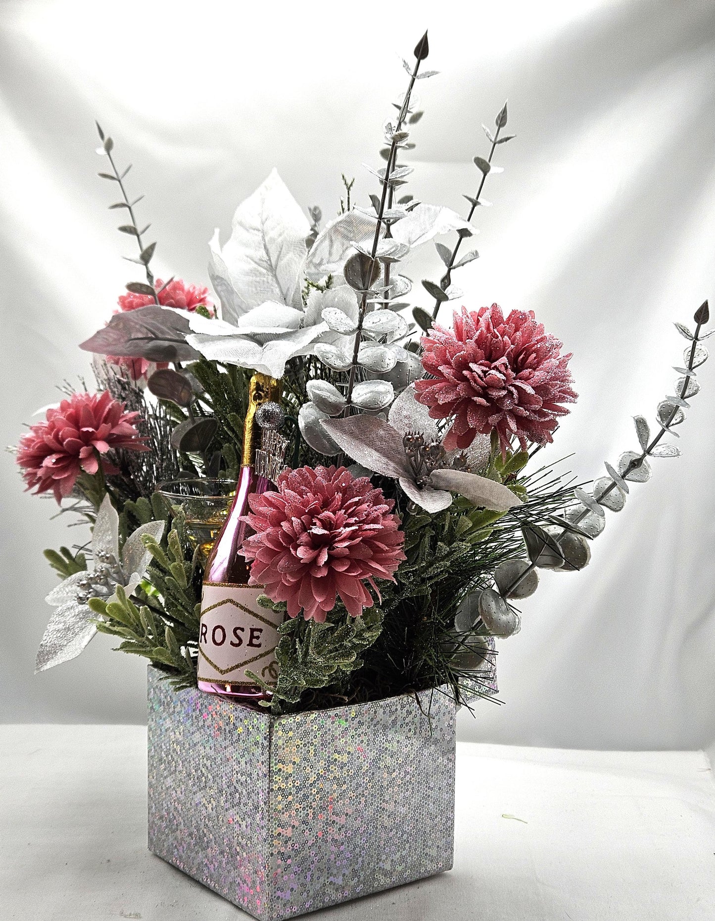 Congratulatory Arrangement in Bright Silver, New Year Champagne Toast/sparkly Silver Flowers/Accents in Silver Box/Cheers in 2025