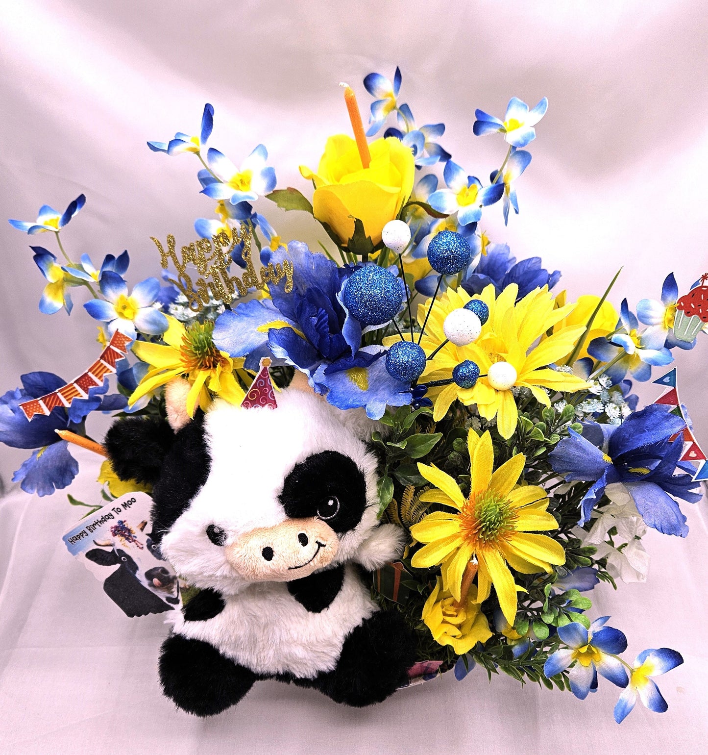 Happy Birthday to "Moo" Cow Lovers Flower Arrangement, Presents/Candles/Balloons/Birthday Sentiments, Blue/Yellow Flowers, Can Personalize