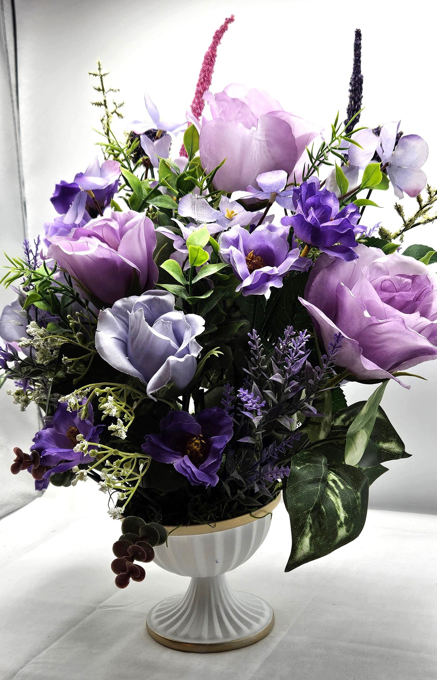 Lilac Rose and Baby's Breath Centerpiece in Footed Dish - Sophisticated Table Accent, Great for Mother's Day or Hostess Gift