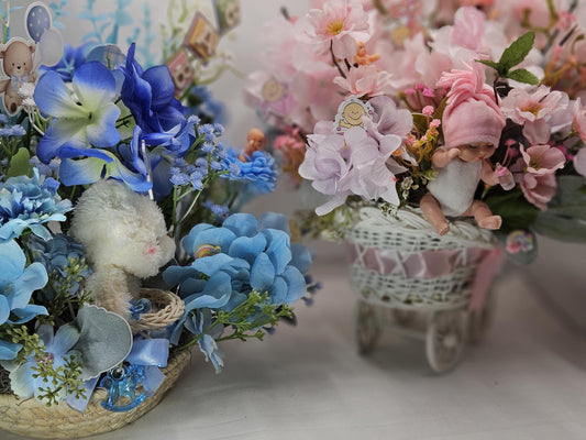 Welcome Baby W/these Pink Buggy or Blue Basket/Bassinet Floral Centerpieces, 2 Options, Boy or Girl, Baby Accents and Decor/Great for Shower