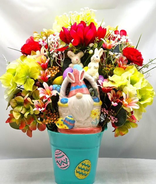Bunny Gnome in Ceramic Basket within Floral Arrangment of Pink/Green Hydragena, Babys Breath, Easter Eggs, Holiday Accents/Blue Plastic Pail